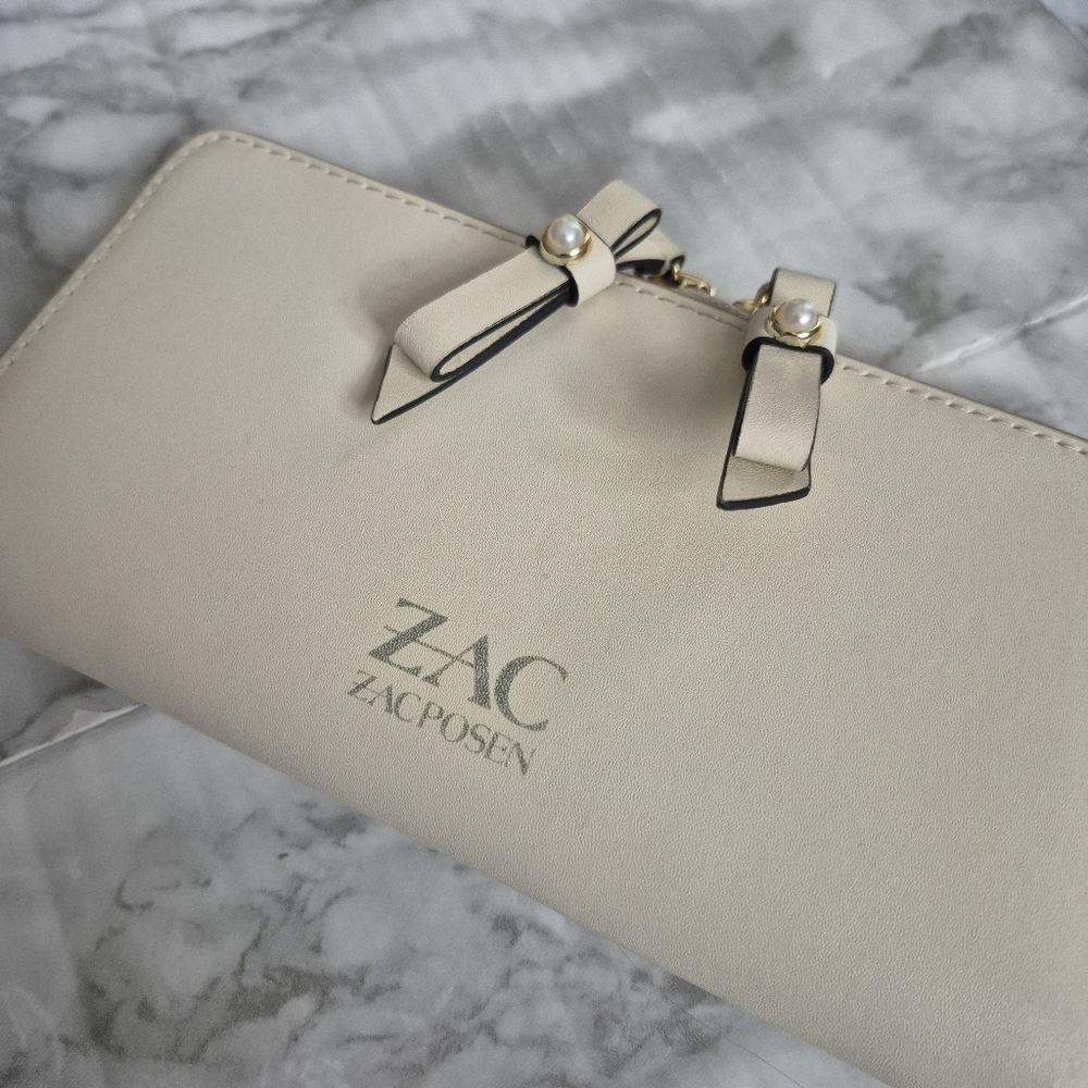 Zac Posen Eartha Cream Leather Wallet Dual Zip Bow Details